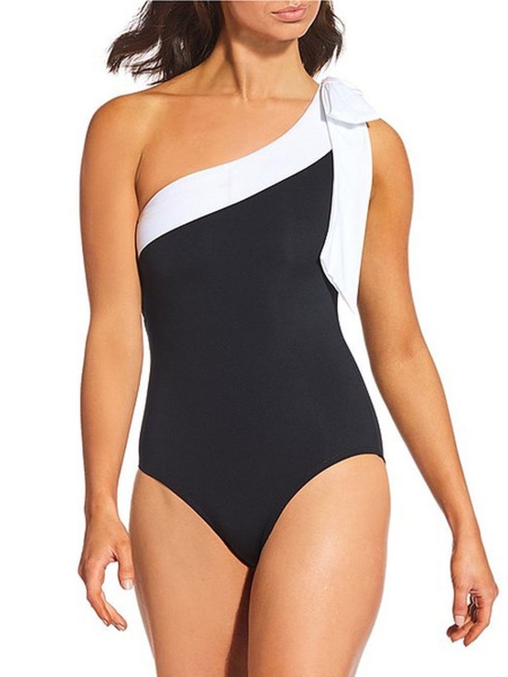 Alex Marie Signature Sculpt One-Shoulder Black & White Bow Detail Swimsuit